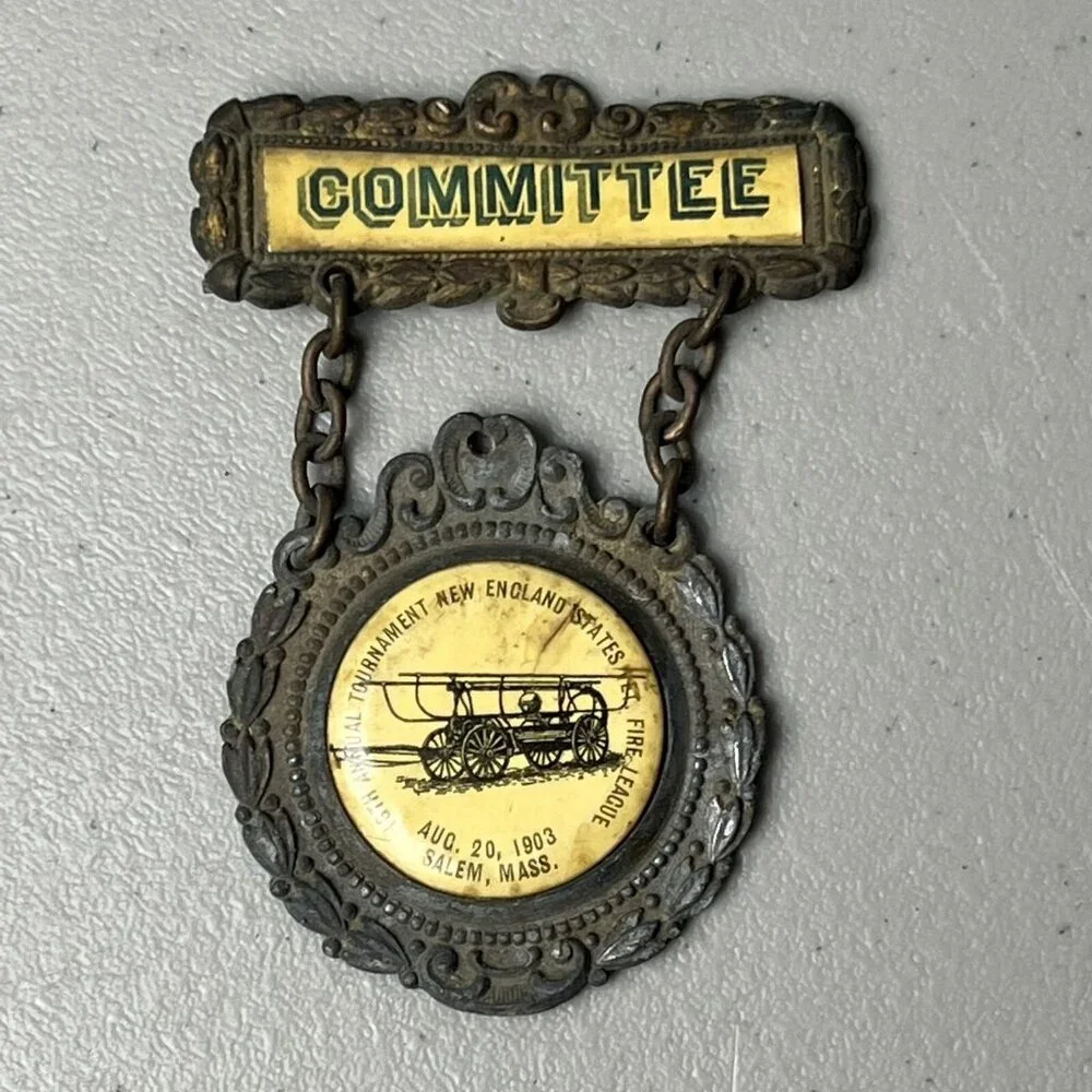 Antique 1903 New England Fire‎ League 13th Annual Tournament Committee Pin Badge